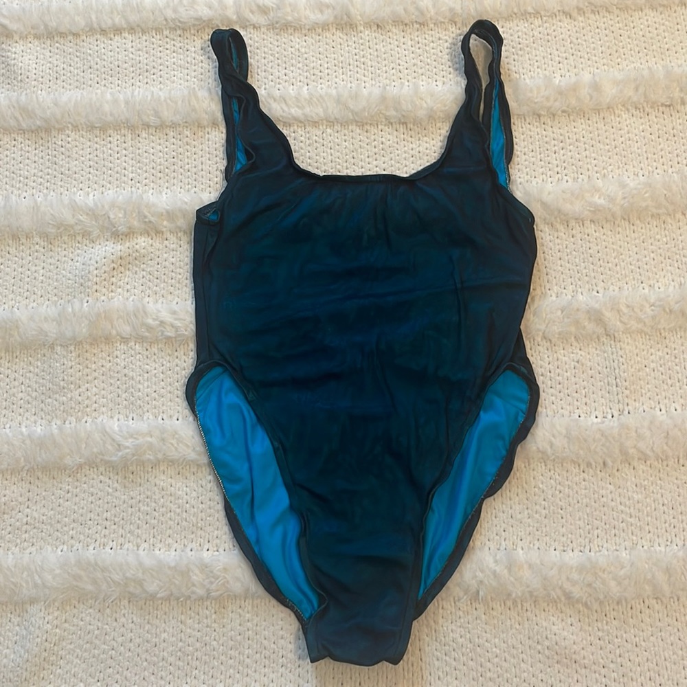 Vintage 80’s Jantzen one piece swimsuit shimmer turquoise high cut womens size 8